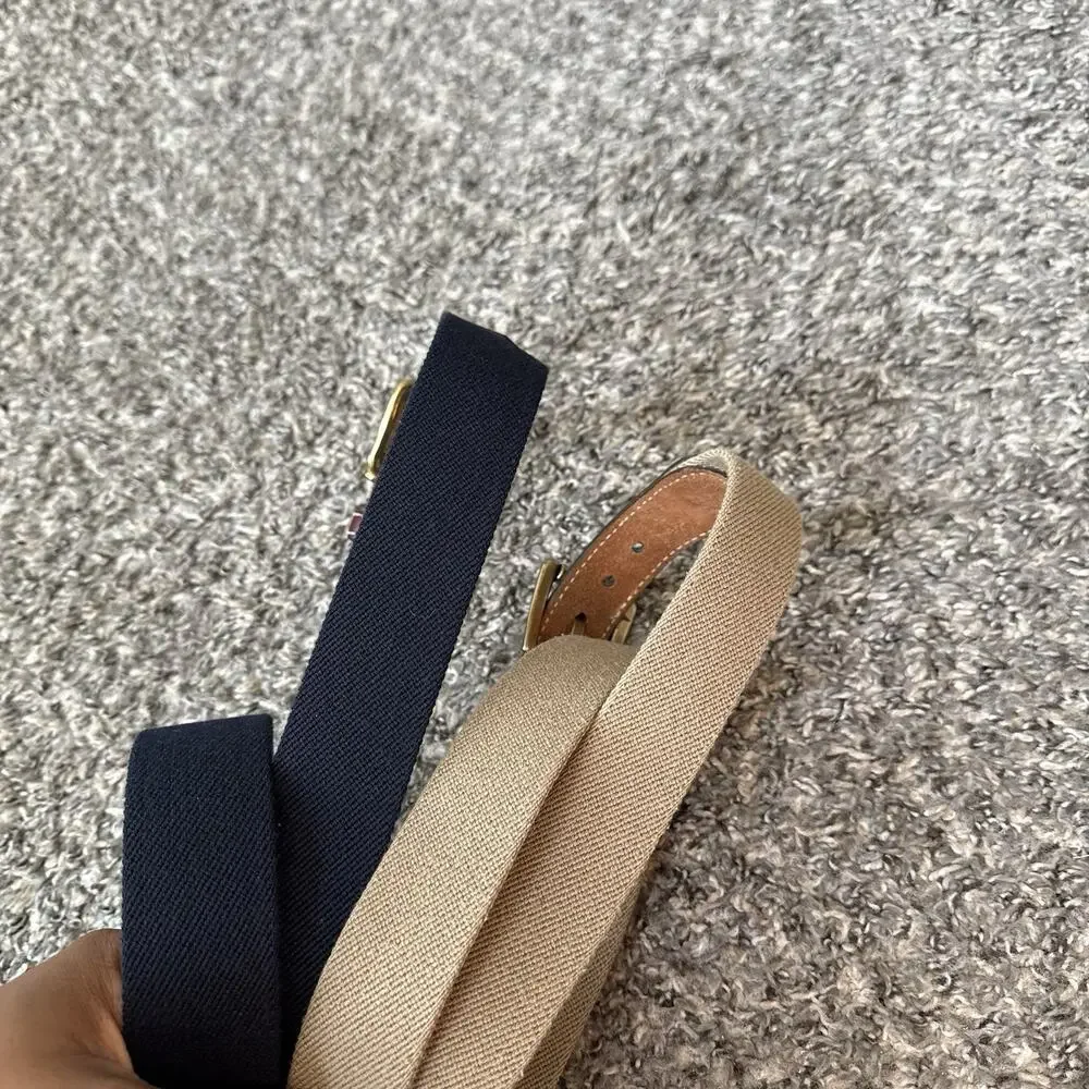 L.L. Bean Belt Men 42 Canvas Web Leather Trim Belt Brass Buckle 2 Lots Navy Tan